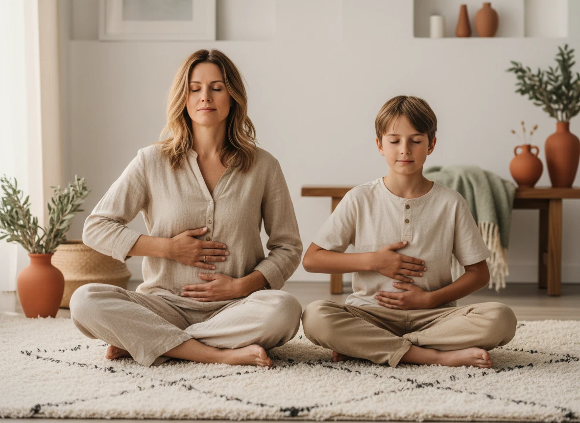 Un parent et son enfant prennent un moment calme pour écouter leurs sensations